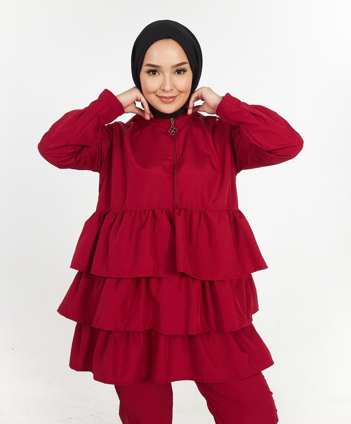 Haut de maillot de bain hijab à volants rouge Claret