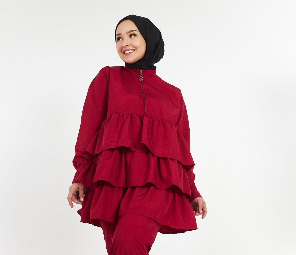 Haut de maillot de bain hijab à volants rouge Claret