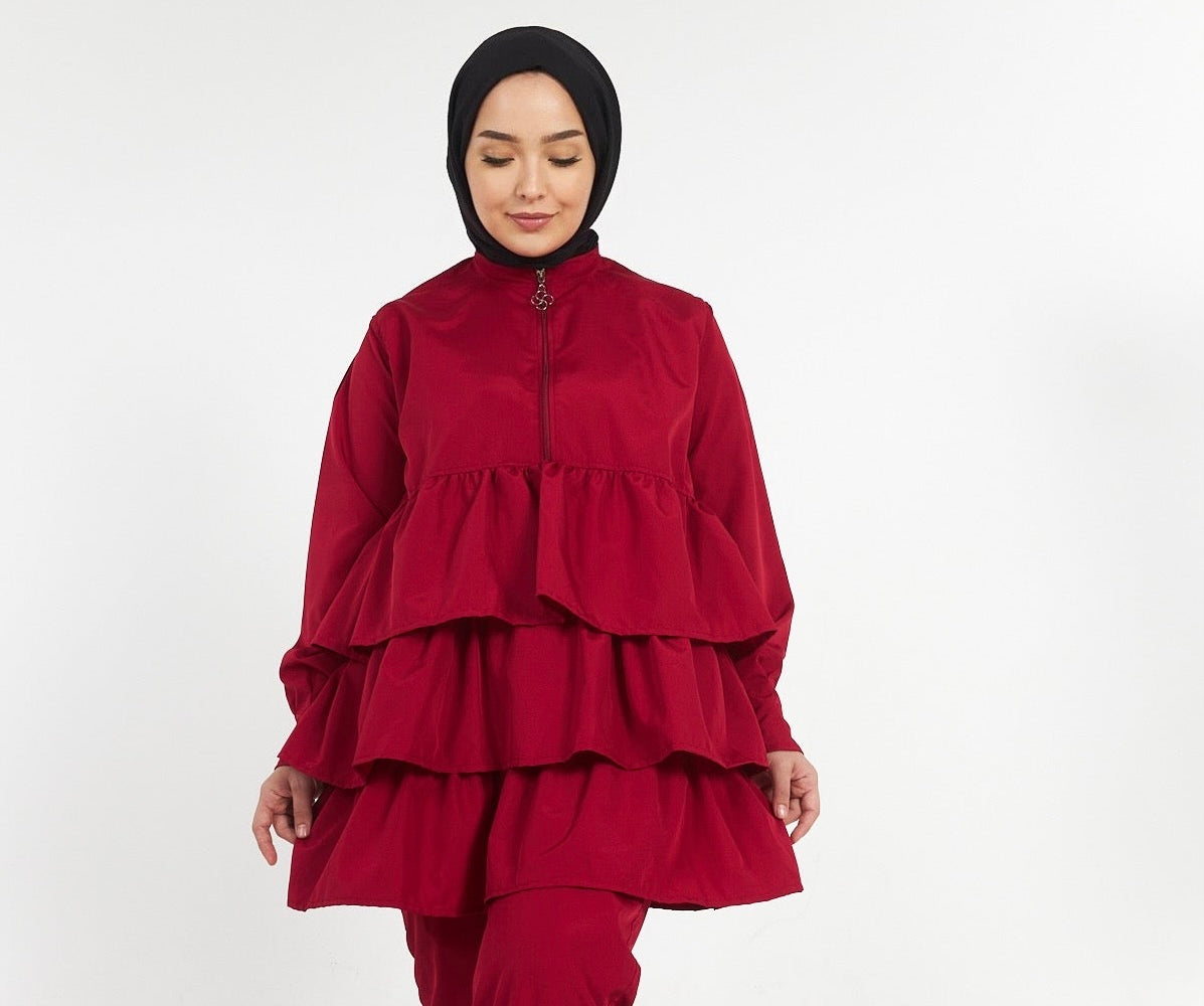 Claret Red Frilled Hijab Swimsuit Top