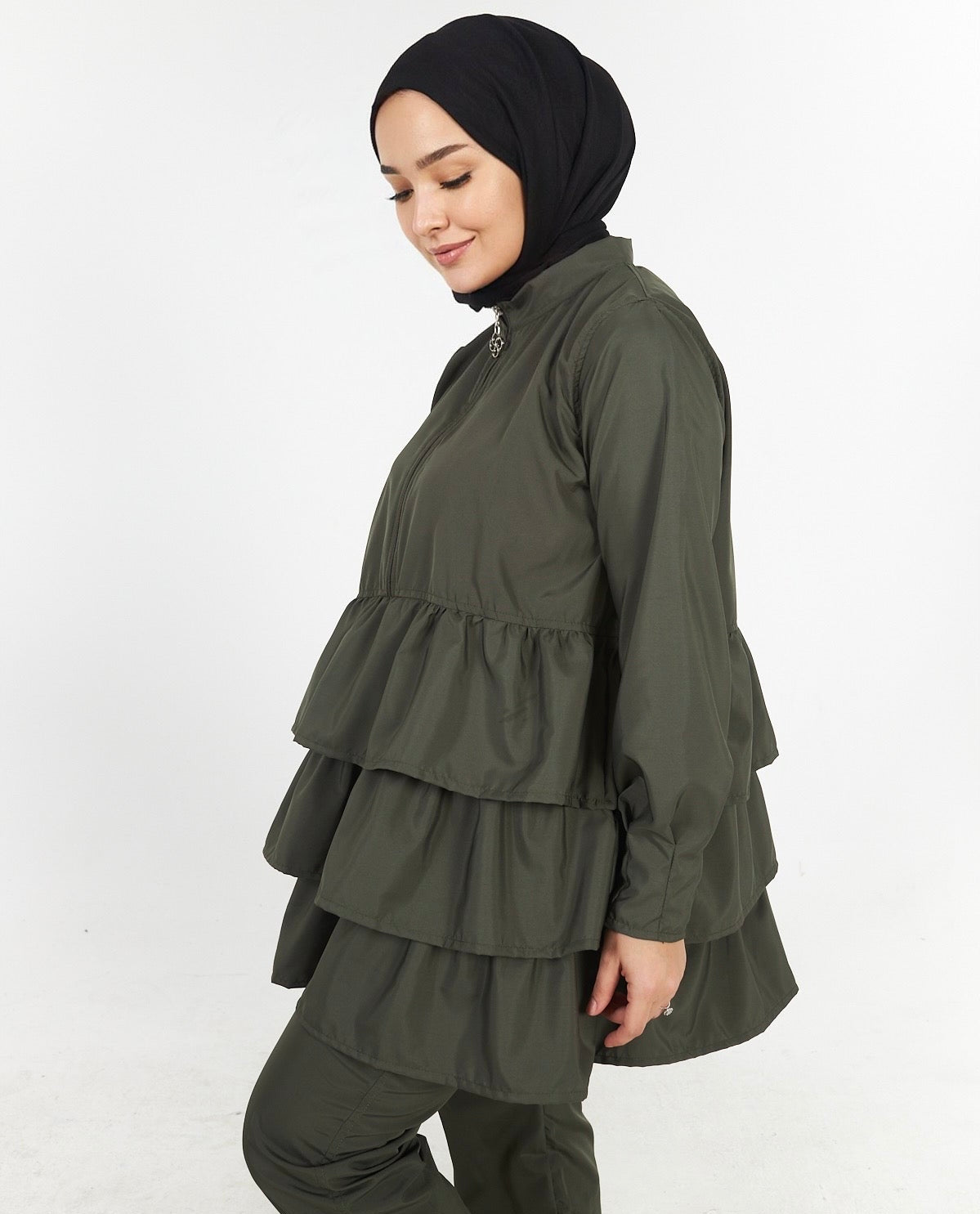 Khaki Ruffled Hijab Swimsuit Top