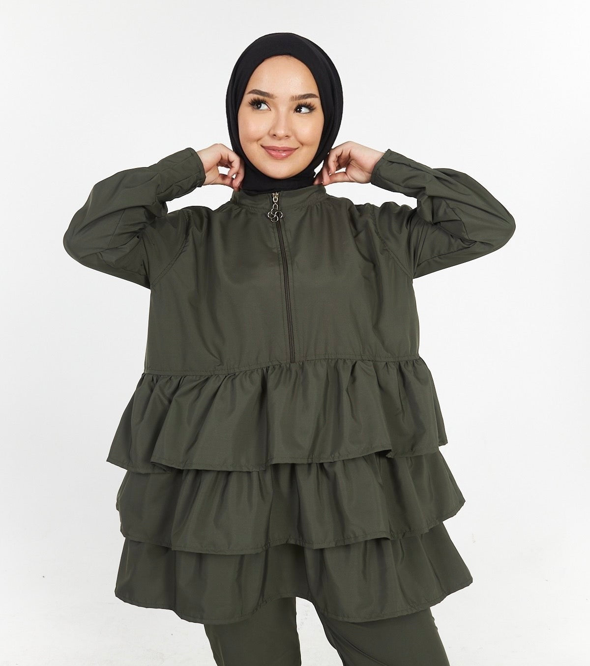 Khaki Ruffled Hijab Swimsuit Top