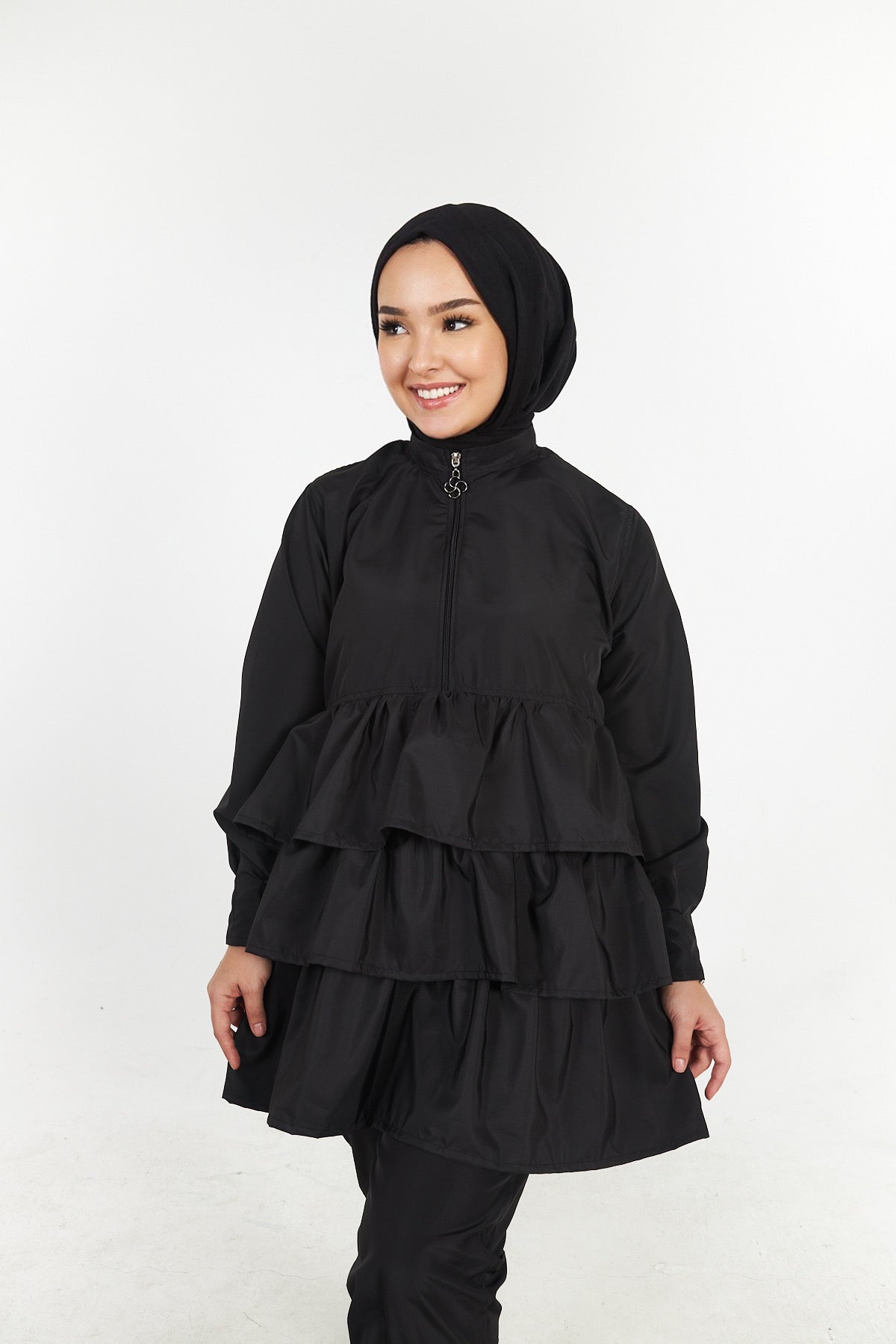 Schwarze Rüschenhose Hijab-Badeanzug-Set