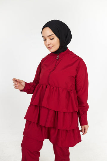 Claret Red Hijab Swimsuit Top With Frilly Pants