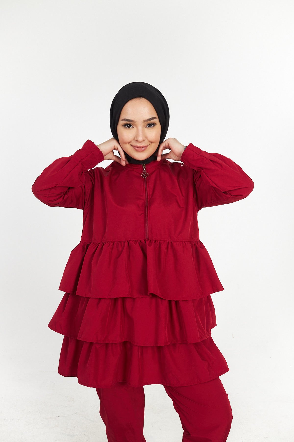 Claret Red Hijab-Badeanzug-Set mit Rüschenhose