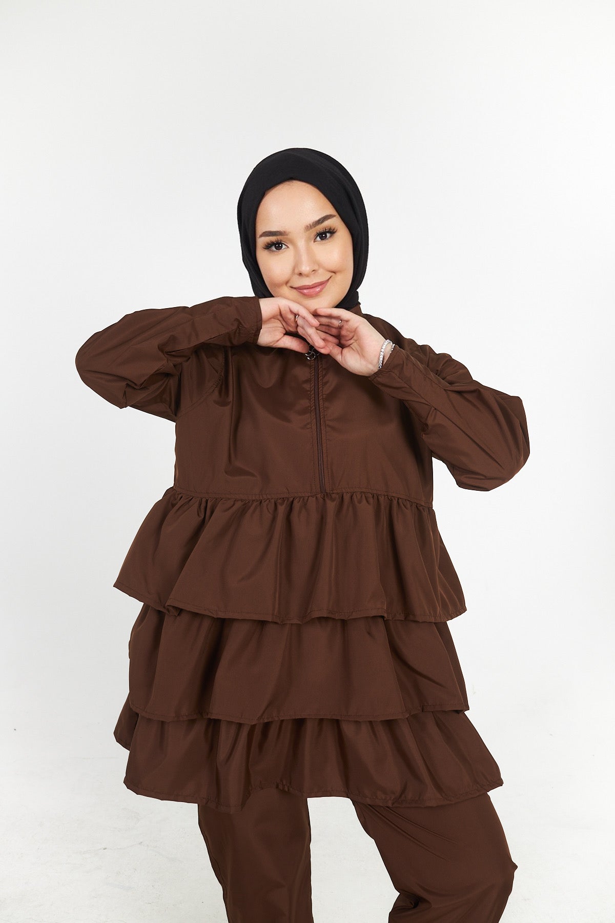 Braune Rüschenhose Hijab-Badeanzug-Set